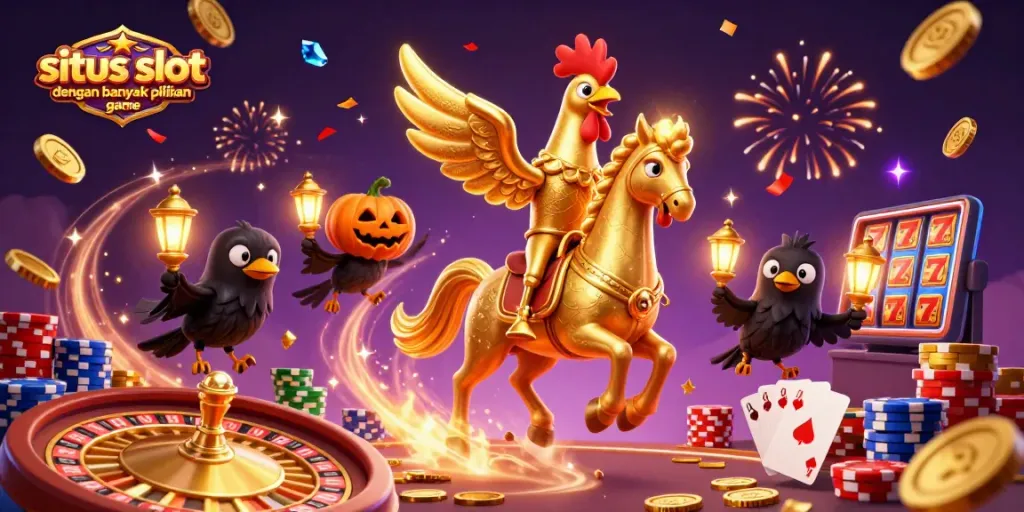 Menang di situs slot dengan banyak pilihan game sambil dikelilingi koin emas dan lampion cerah.