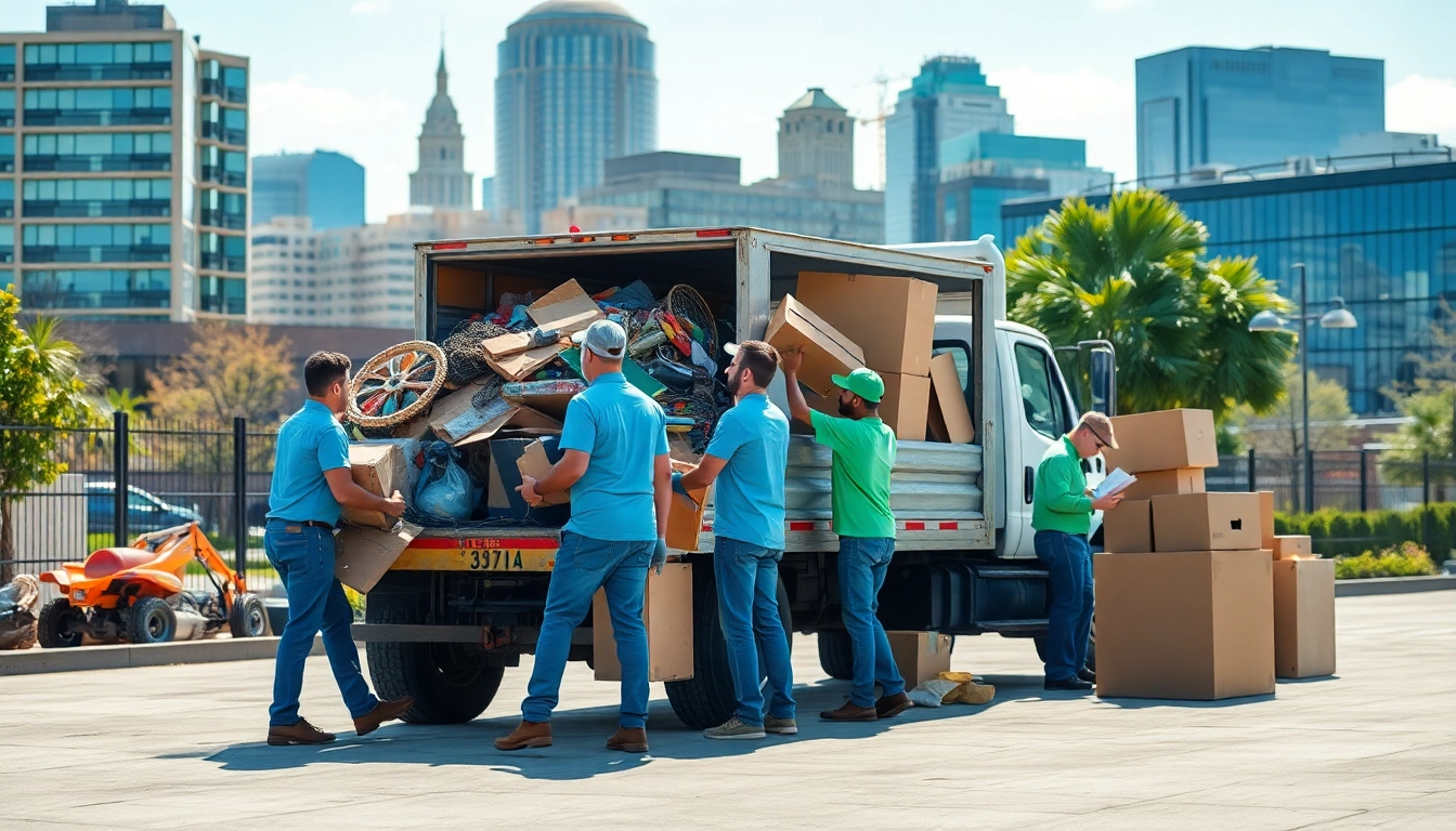 Efficient junk removal Nashville TN team loading furniture into a truck with the Nashville skyline.