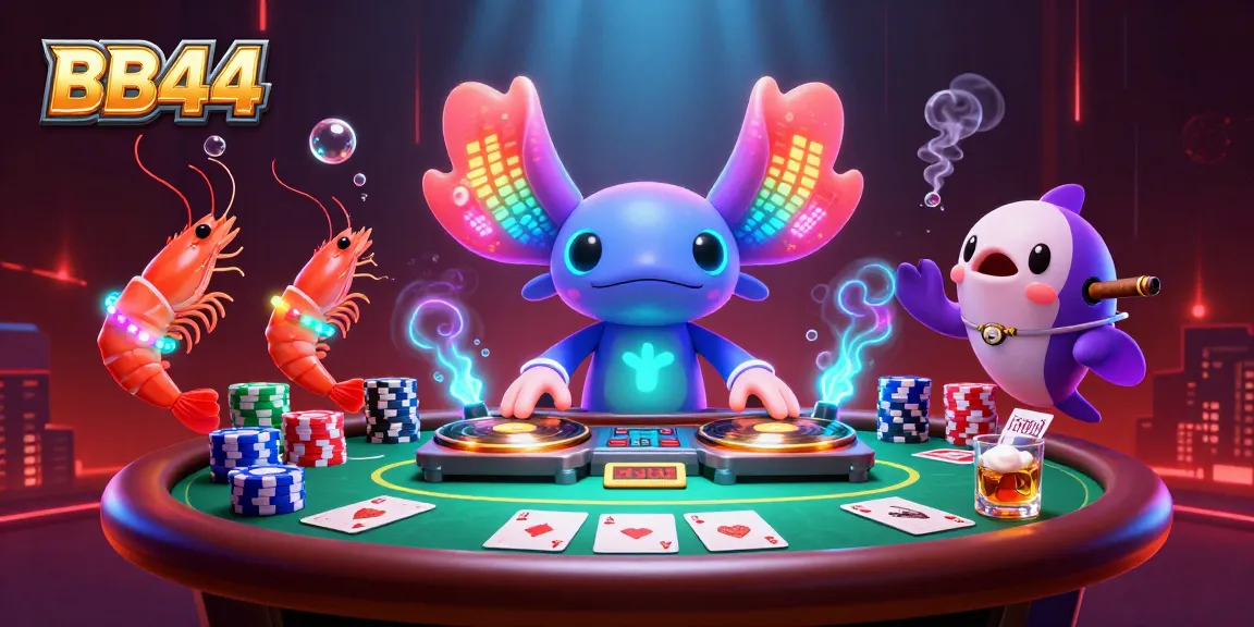 Experience the vibrant world of BB44 with a neon axolotl DJ and animated casino fun.