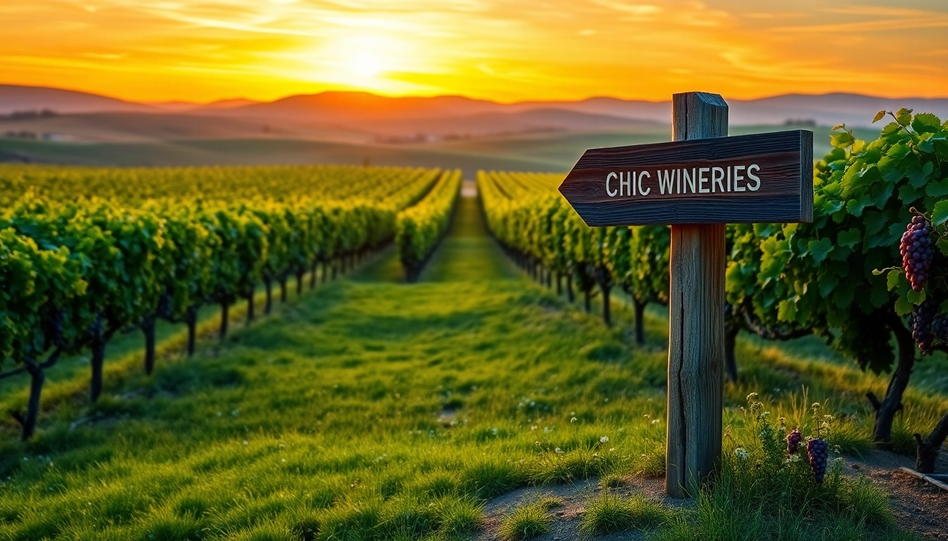 View of Clarksburg wineries with sunset lighting and vineyard rows in the background.