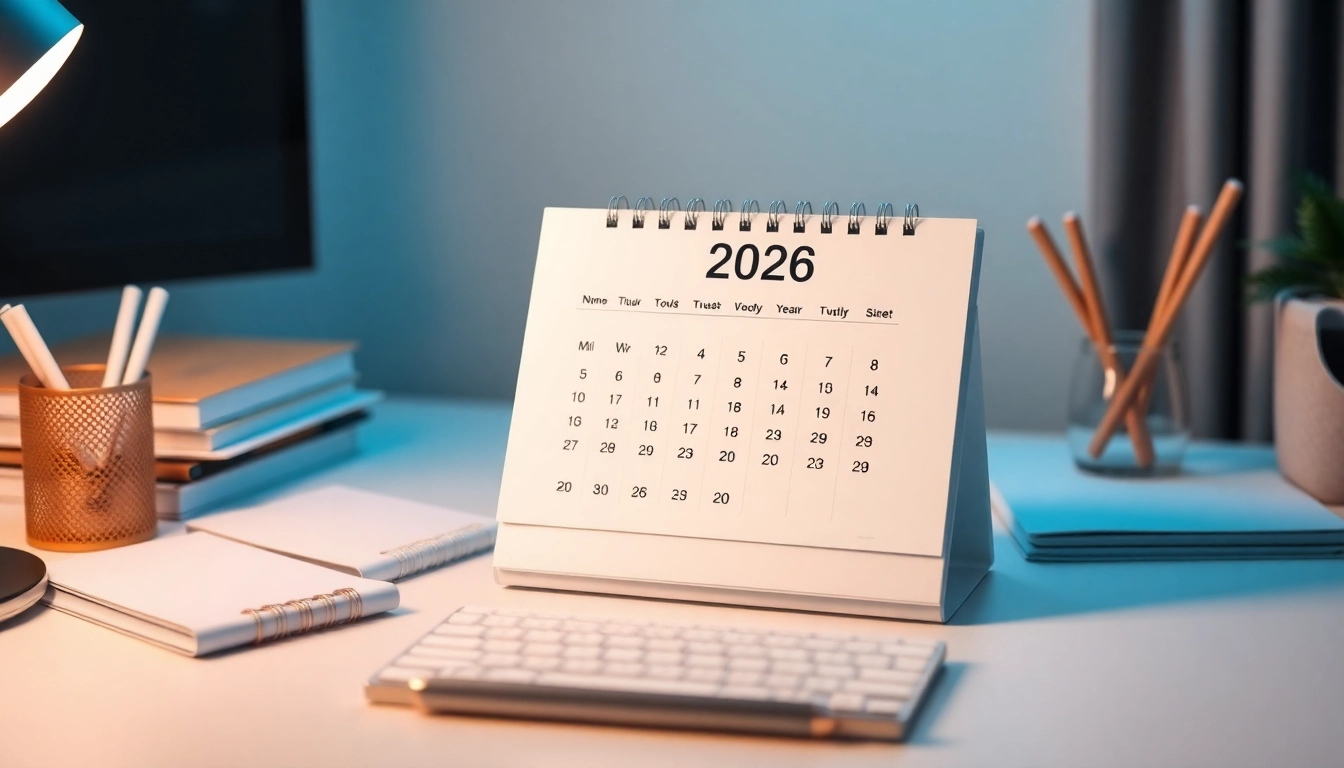 Customized 2026 calendar on a modern desk showcasing organization and style.