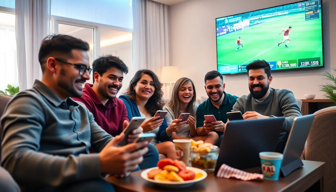 Excited fans engaging in live sports broadcasting on 토토스토리 platform.