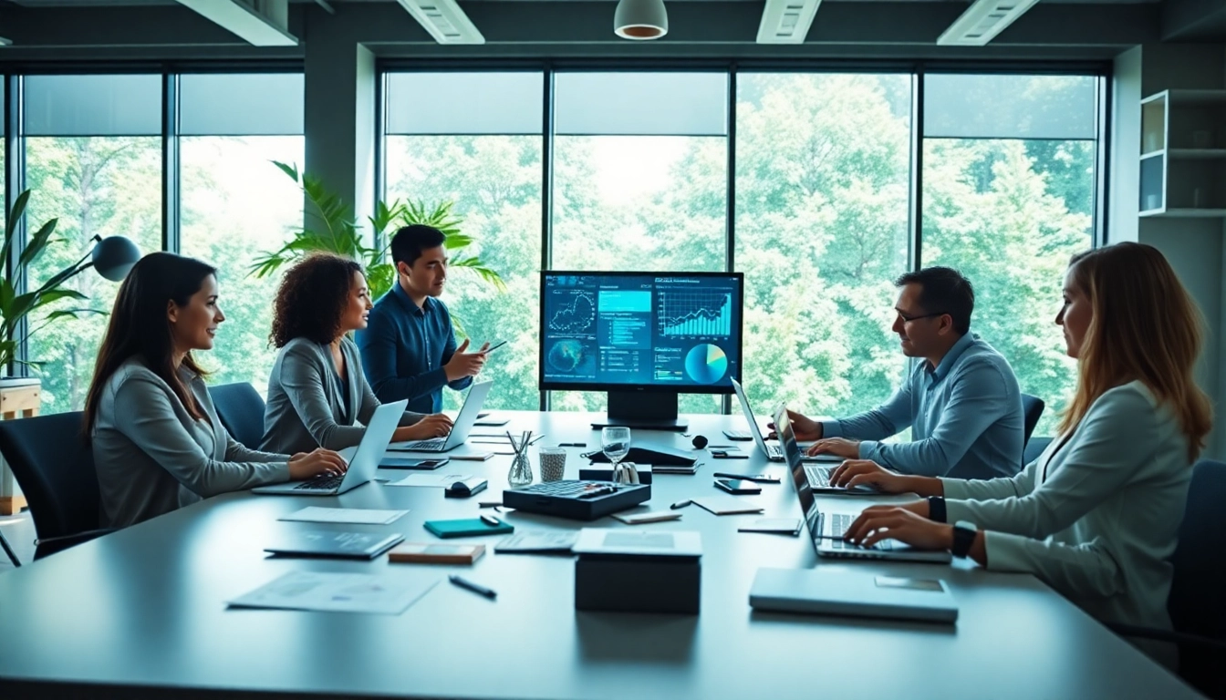 Professionals analyzing data with enterprise search software in a bright workspace.