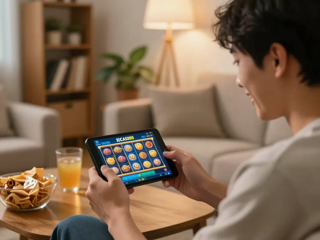 Engaged player enjoying the IDCASH88 Slot game on a mobile device at home, highlighting responsible gaming.