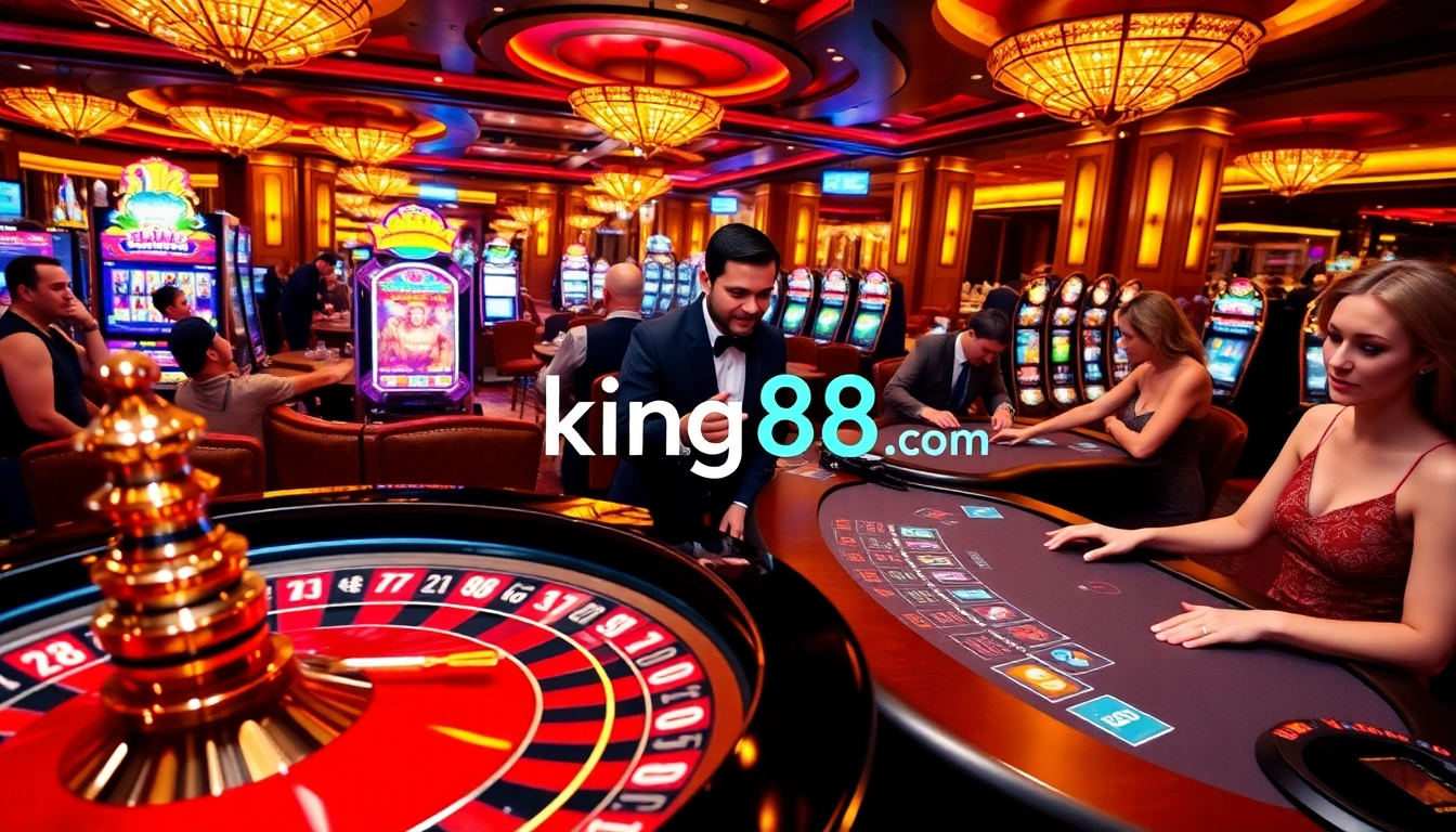 Experience thrilling gaming at king88 .com with vibrant casino visuals featuring roulette and poker excitement.