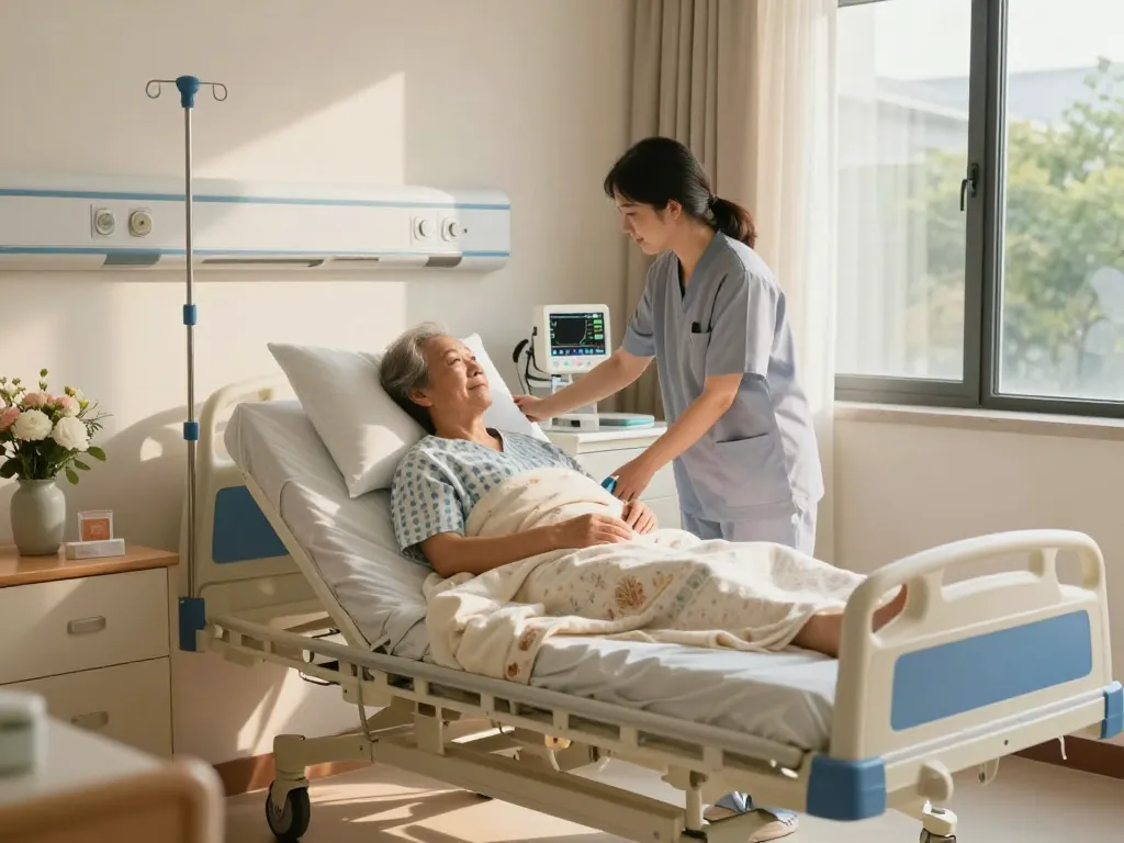 Comfortable giường bệnh nhân in a warm hospital room with a caregiver adjusting the bed for elderly comfort.