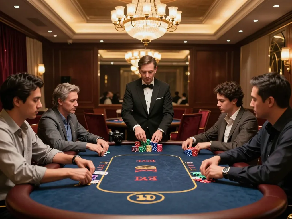 Players at kkwin poker table making strategic bets in a luxurious casino atmosphere