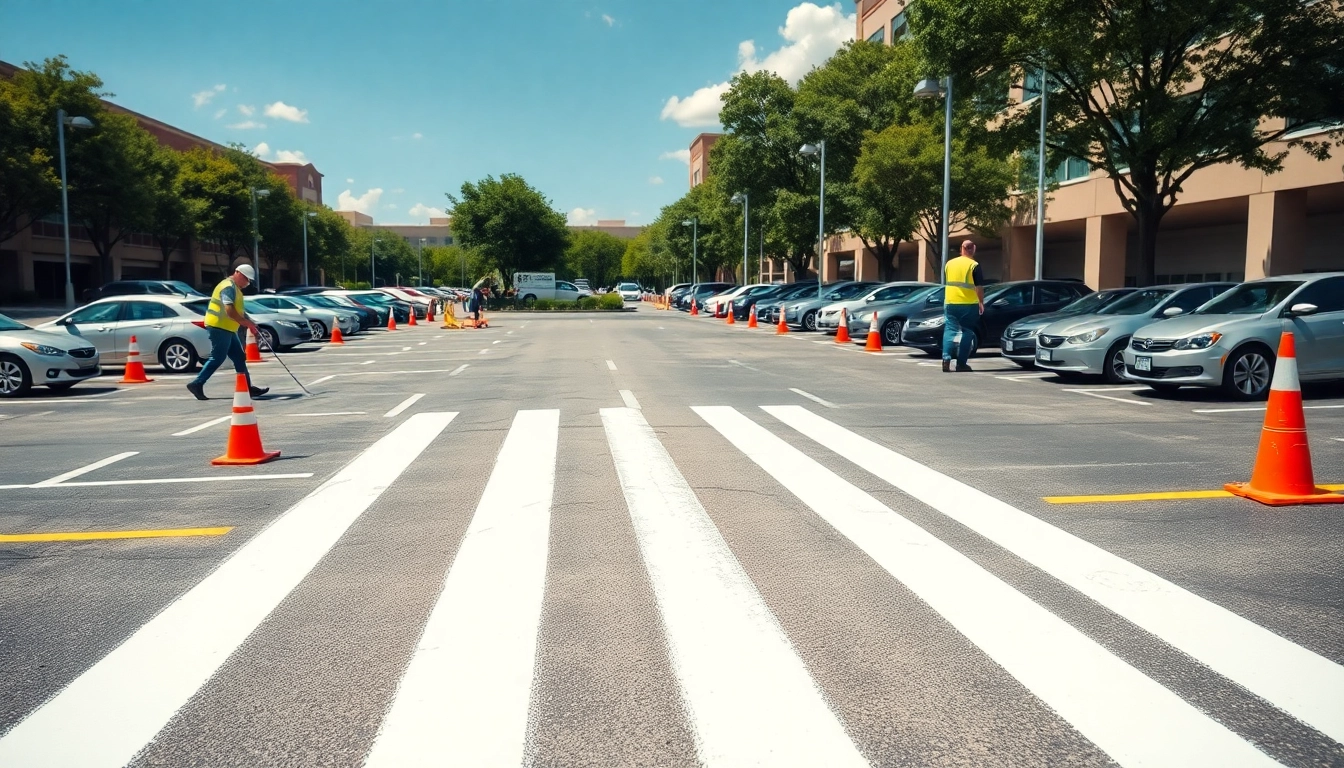 Expert parking lot striping Lakeland Drive Jackson MS with vibrant stripes and organized layout.