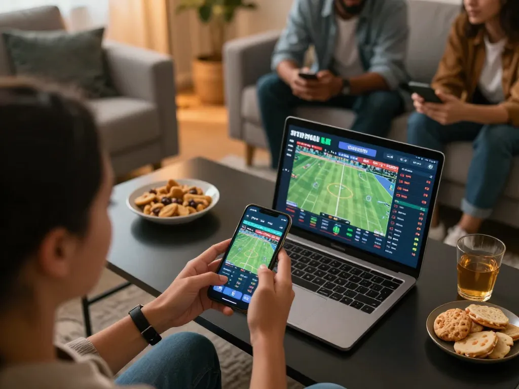 ATQ participant placing live sports bets on a smartphone in a cozy setting, showcasing engaging gameplay.