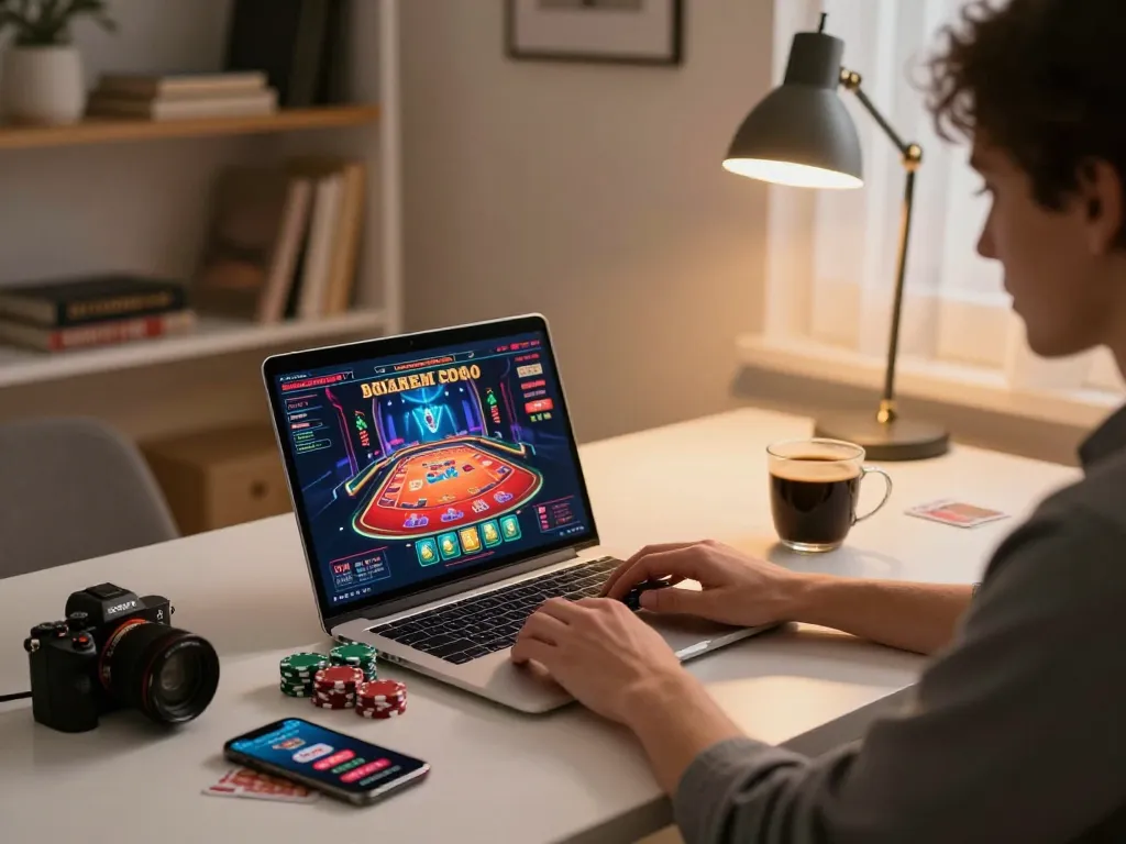 Engaged user strategizing wins at online casinos Canada via laptop in a cozy home office