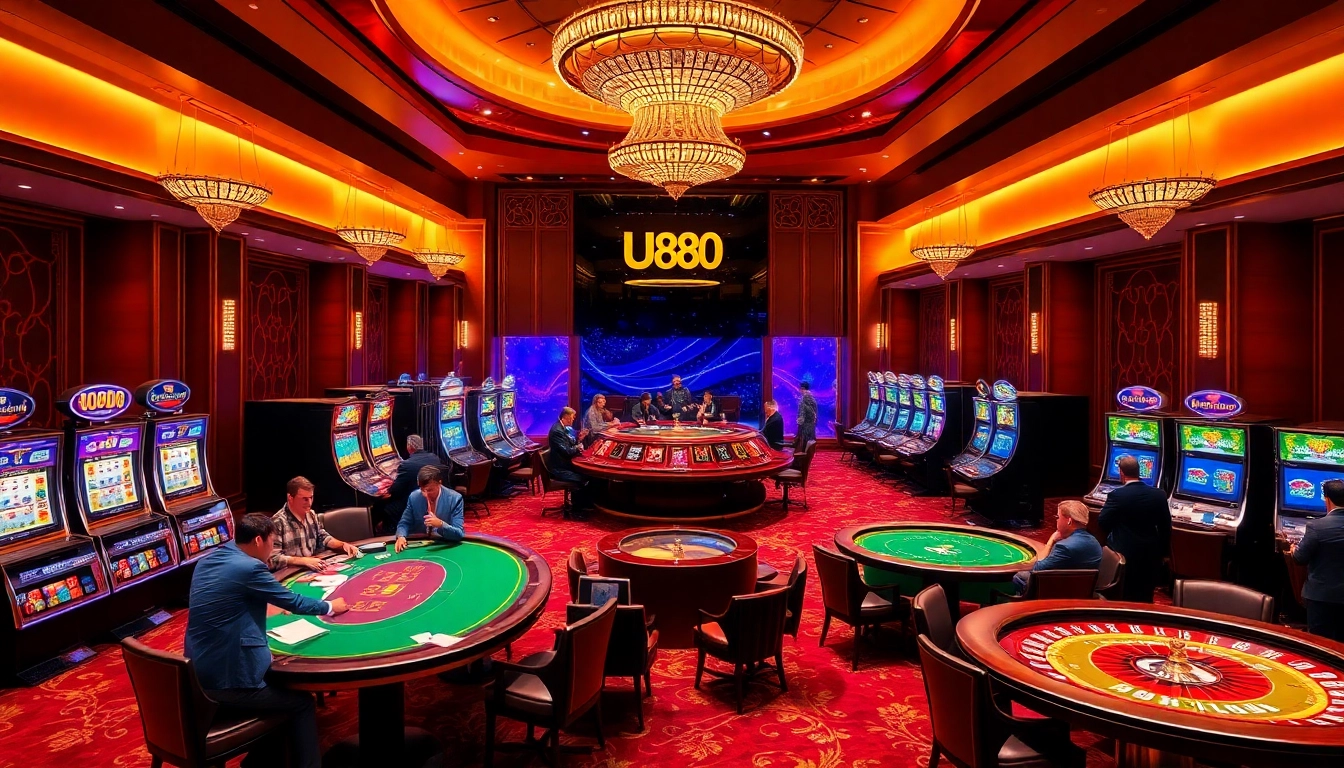 U888 online casino scene displaying vibrant gaming tables, luxury ambiance, and exciting gambling action.