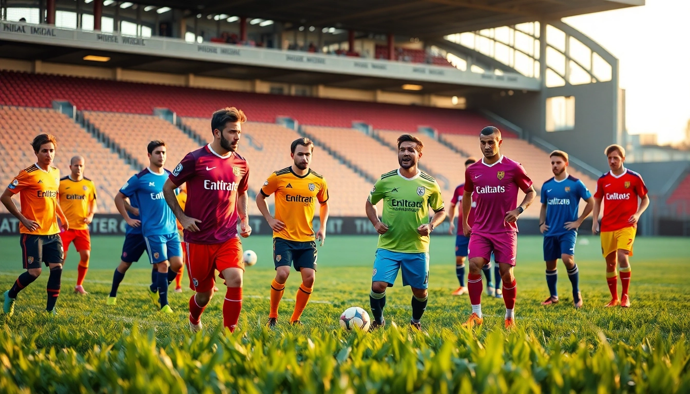 Players showcasing diverse football kits during practice, embodying the spirit of the game.