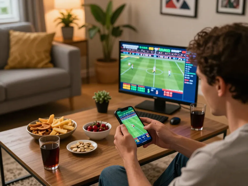 Sunwin user placing sports bets on smartphone amidst snacks and drinks in cozy setup