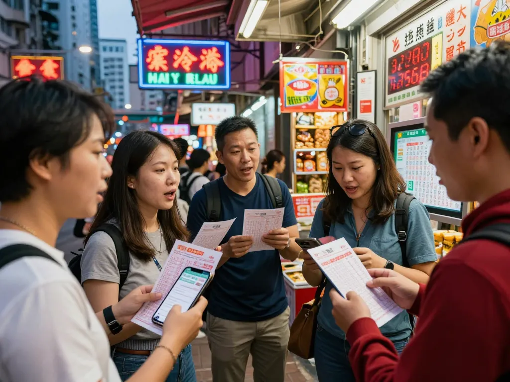 Excited lottery players discussing HK Hari Ini results in vibrant Hong Kong street atmosphere.