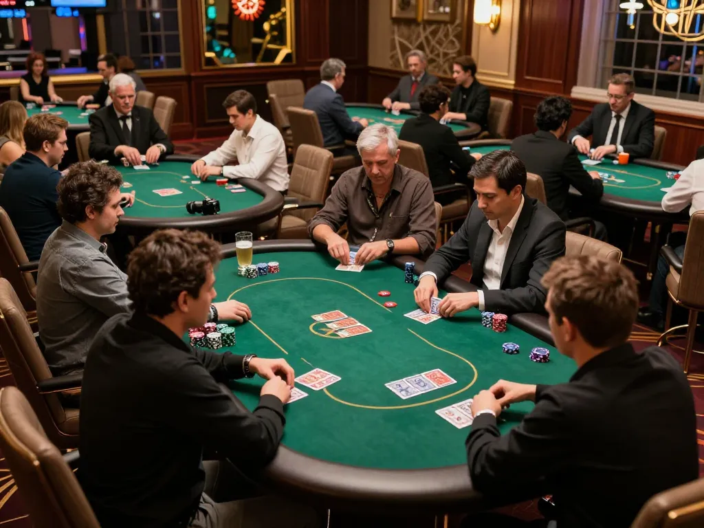 A scene from the best widget store showcasing a competitive poker game in a vibrant casino atmosphere, focusing on players strategizing their next moves.