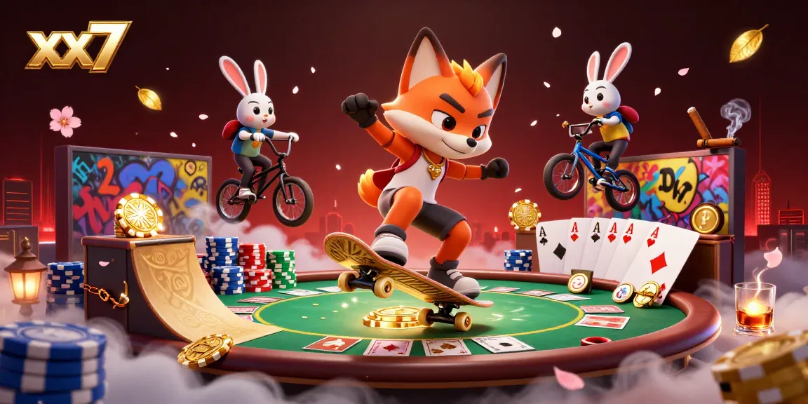 Experience exhilarating xx7 casino action with vibrant graphics of a fox and rabbit in a dynamic poker-themed scene.