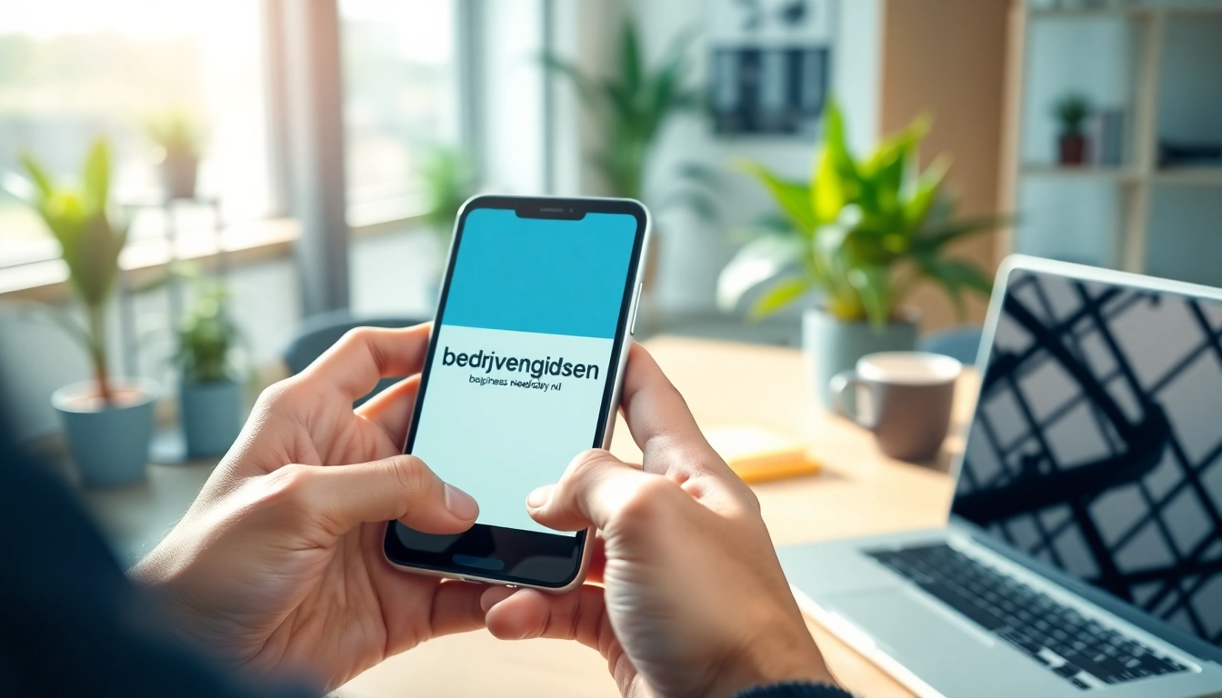Bezoek https://bedrijvengidsen-nederland.nl op een smartphone in een moderne kantooromgeving.