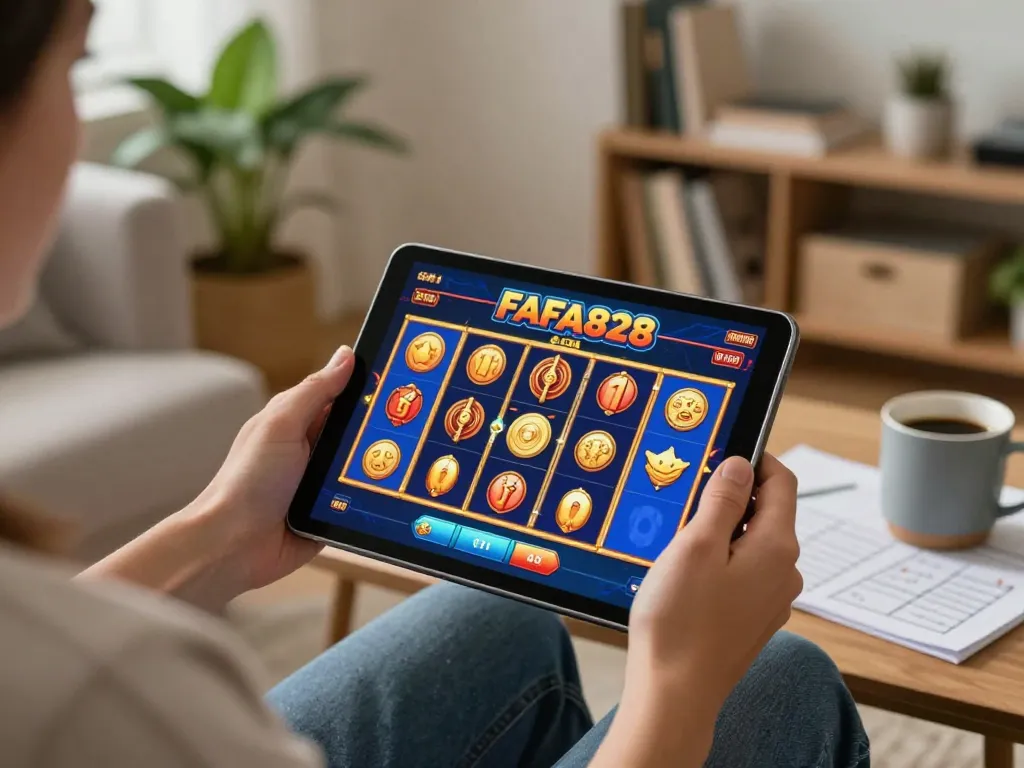FAFA828 online slot gaming experience on tablet with vibrant graphics and cozy home setting