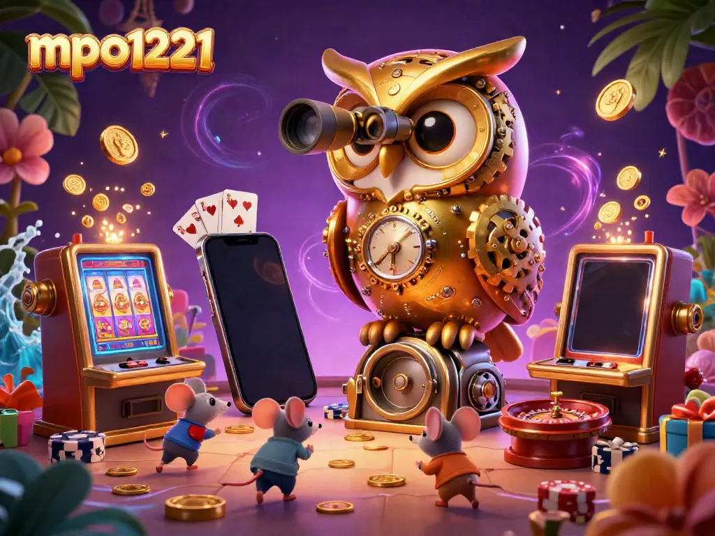 Engage with mpo1221's vibrant casino atmosphere featuring a clockwork owl and wind-up mice among slot machines.