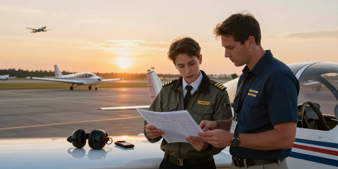 Aspiring pilots training at a flight school near me, reviewing flight charts with an instructor beside a sleek aircraft.