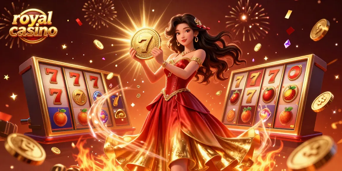 Win big at royal casino with stunning 3D illustration featuring vibrant gaming elements and golden coins.