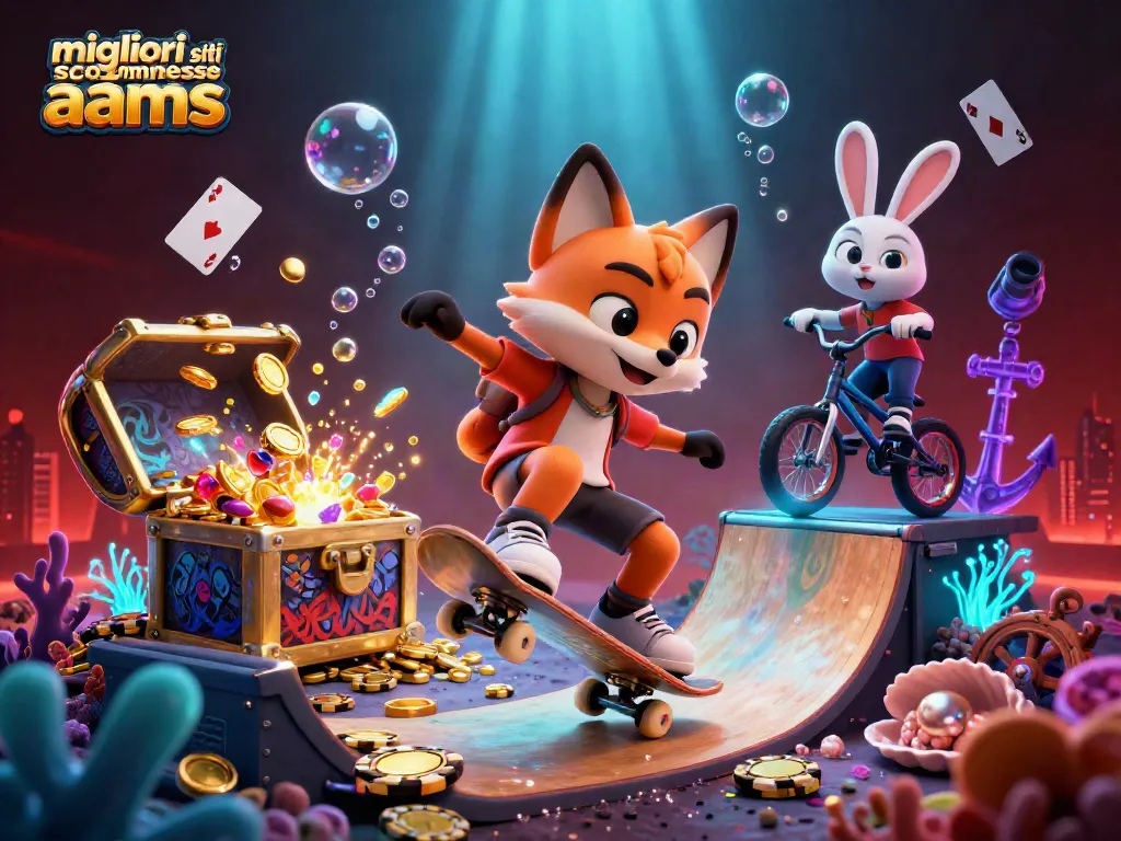 Scopri i migliori siti scommesse non AAMS con una scena vivace di giochi e personaggi animati.