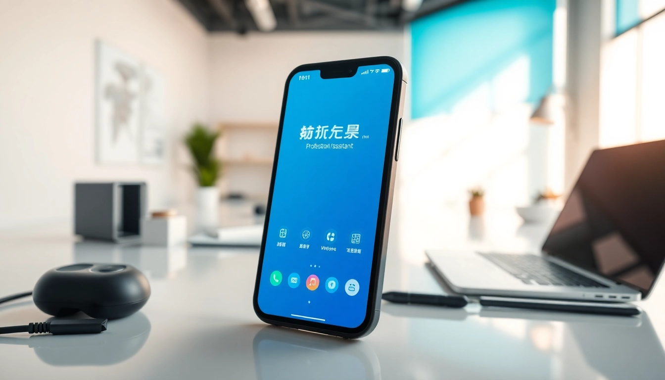 Download 爱思助手下载 on a smartphone in a modern tech workspace.