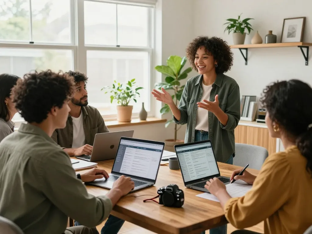 We buy houses discussion in a home office with real estate agent and homeowners.