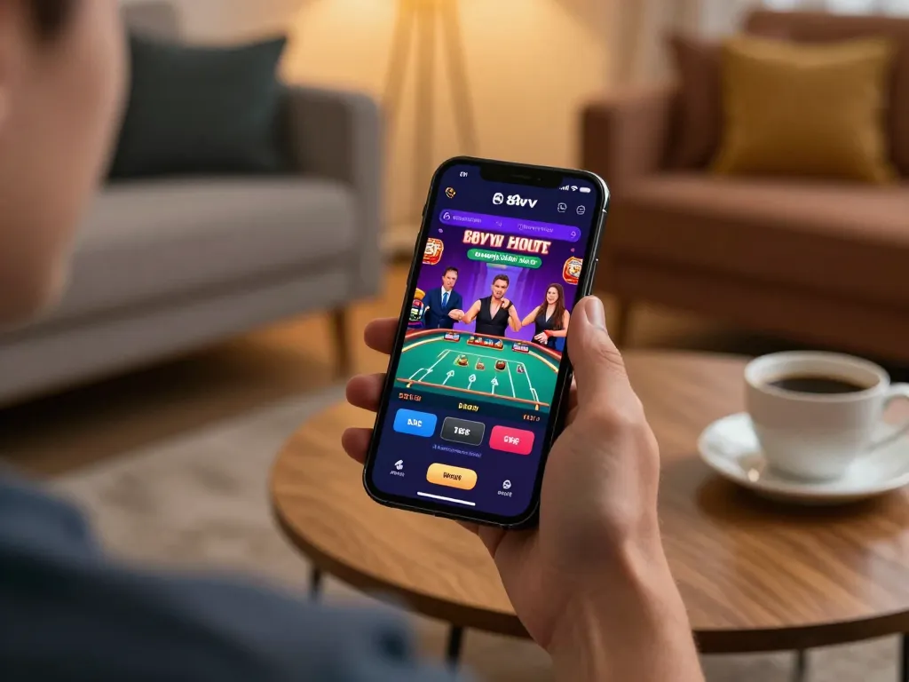 Player engaging with the 88vv casino app on a smartphone, showcasing immersive gaming experience.