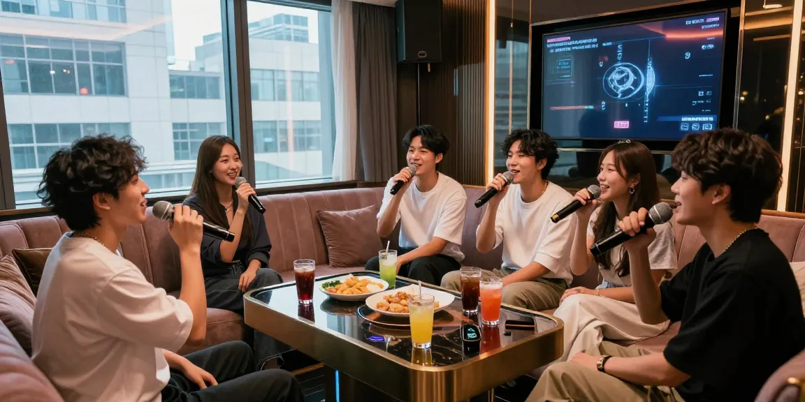 강남쩜오에서 프리미엄 가라오케를 즐기는 장면, 고급스러운 인테리어와 분위기.