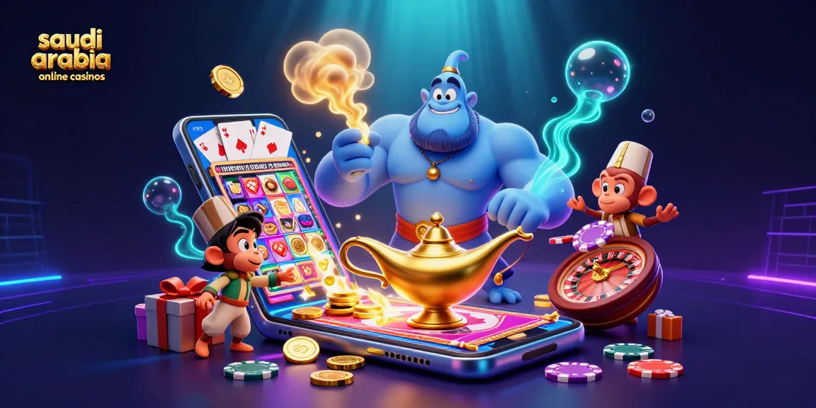 Experience the excitement of saudi arabia online casinos with a magical genie and vibrant casino elements.