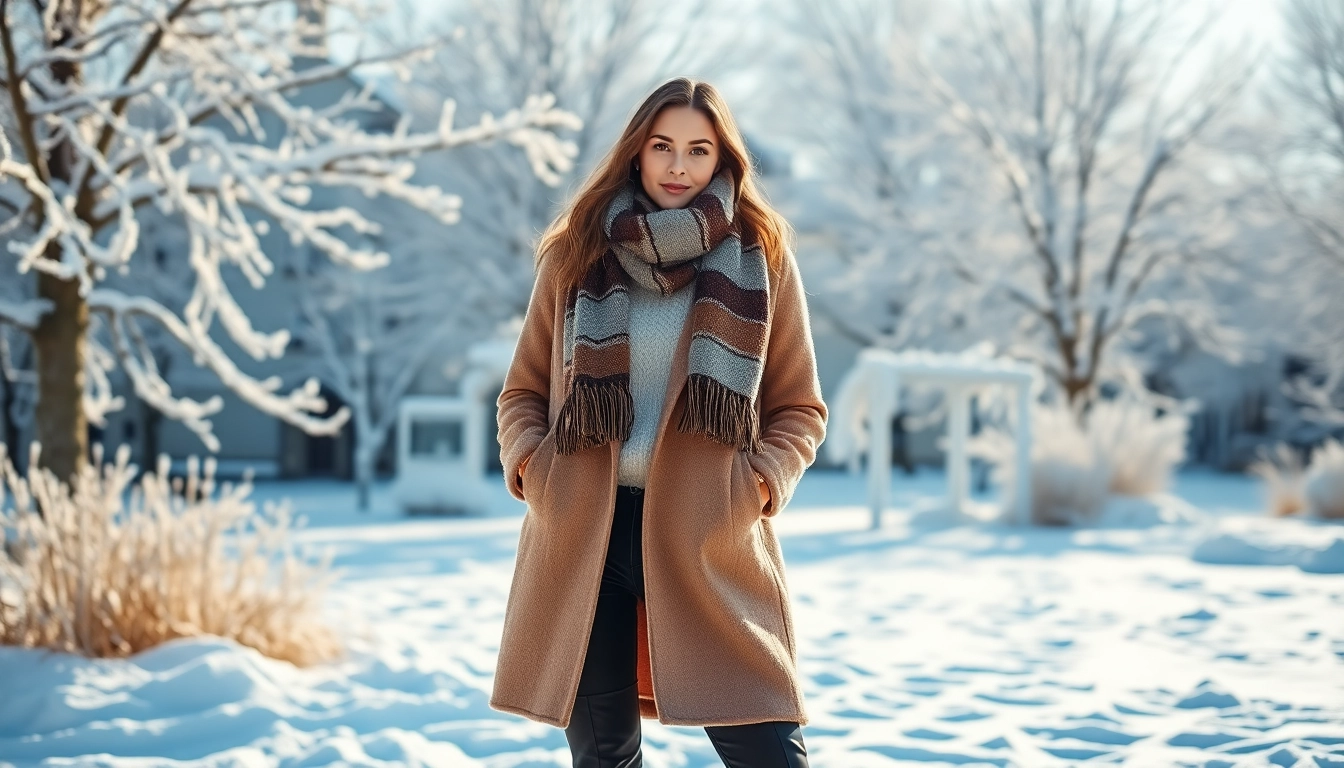 Showcase of winter fashion featuring a model in a stylish wool coat and scarf in a snowy setting.