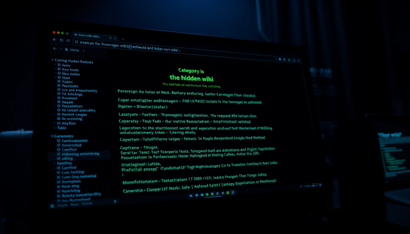The hidden wiki website interface showcasing .onion links in a mysterious, dark digital environment.