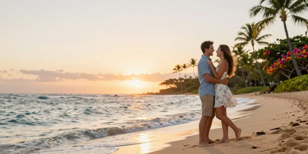 Oahu engagement photographer captures a couple on a serene beach at sunset, showcasing love and joy.