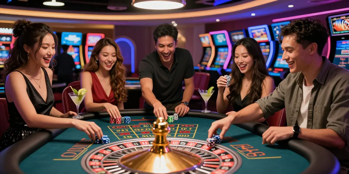 LUCK8 immersive online gambling experience with friends at a lively casino table, neon lights, and excitement.