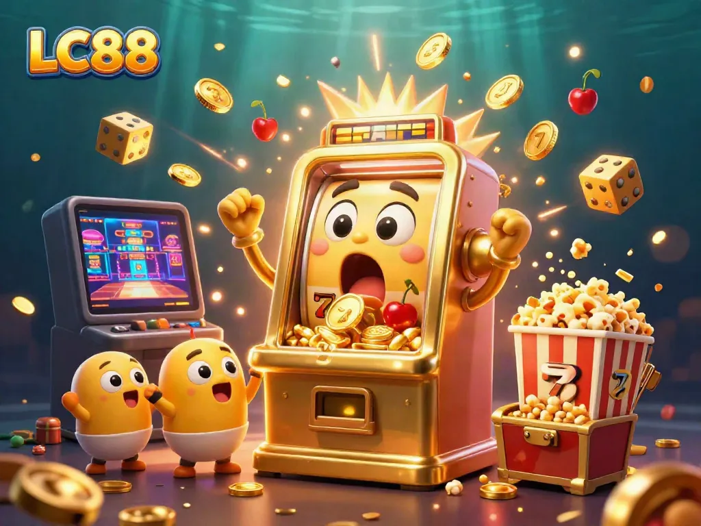 LC88 slot machine shockingly wins its jackpot, as coins burst out and excitement fills the scene.