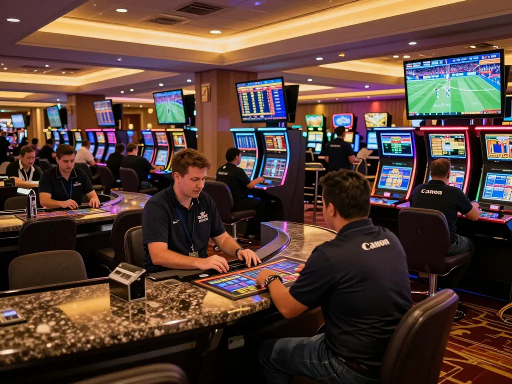FC88 sports betting action with enthusiastic gamblers engaging at kiosks in a vibrant casino atmosphere.