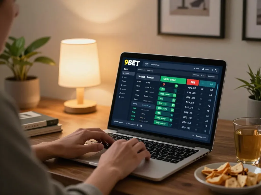 Person engaged in live betting on 9BET at home with cozy atmosphere