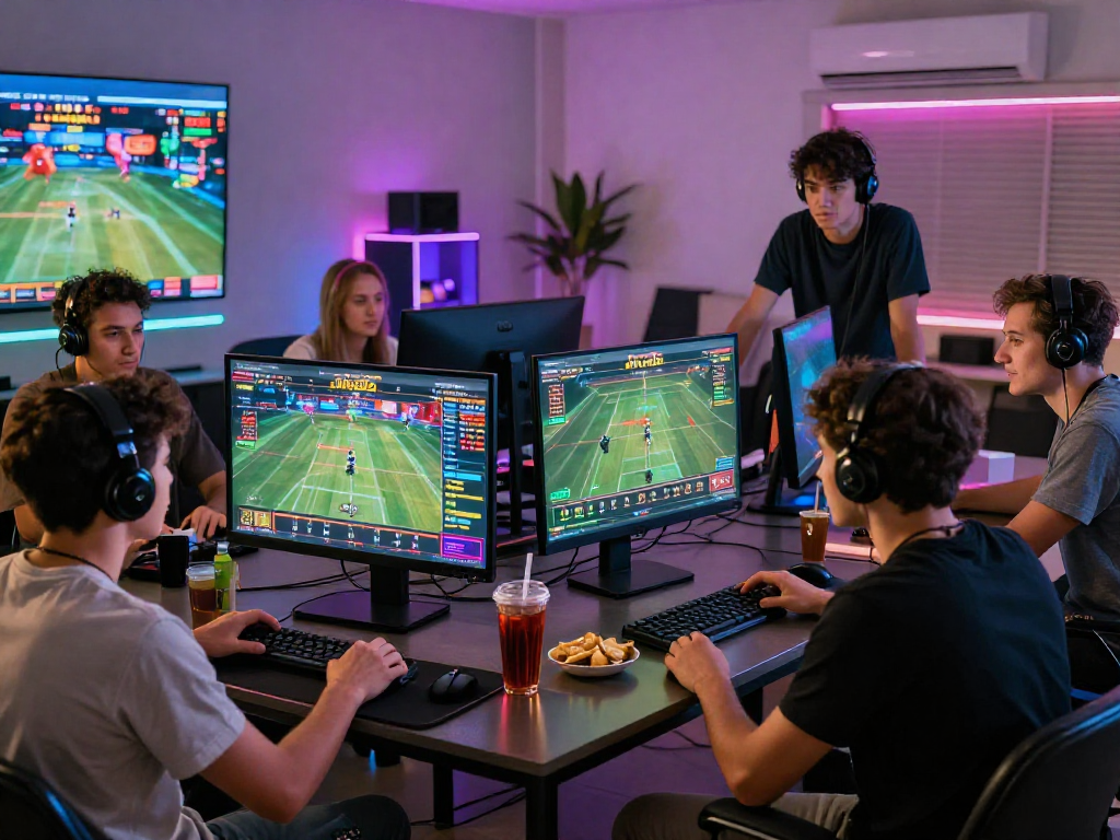 Trải nghiệm chơi game sôi động tại Jin88 với nhóm bạn trong phòng hiện đại.