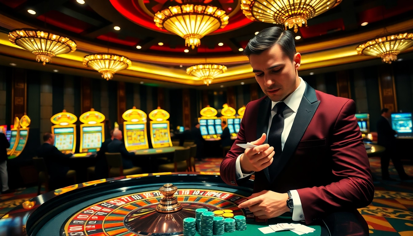 Engaging scene of gambling excitement at https://www.vaoluoitv.com/ casino tables with roulette and poker chips