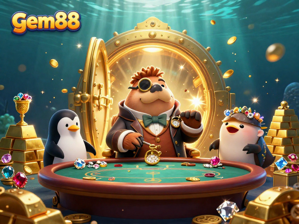 Experience gem88's thrilling underwater poker scene featuring unique cartoon characters and vibrant treasures.