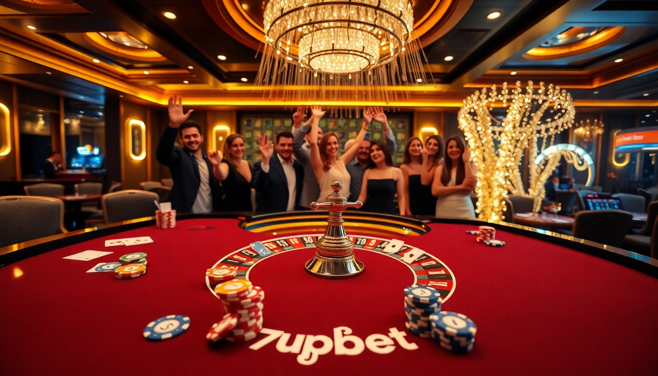 Experience the excitement of 7upbet at a vibrant casino table with lively gamblers and poker chips.