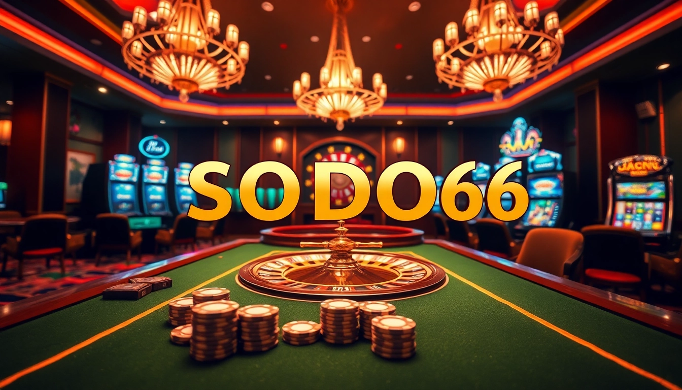 SODO66 casino scene with poker table, roulette wheel, and slot machines showcasing excitement.