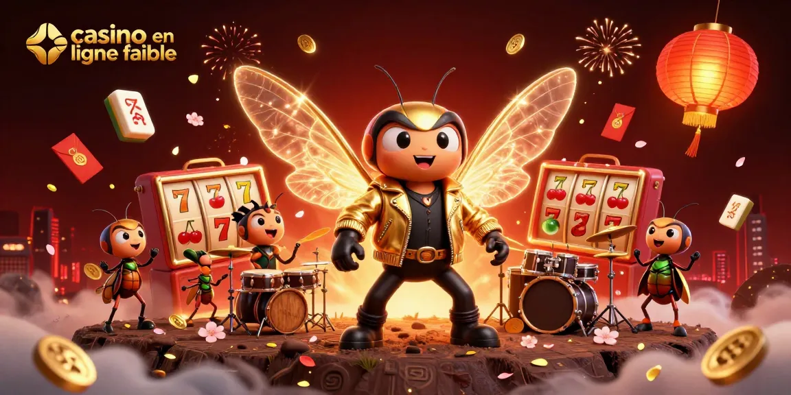 Illustration 3D dynamique, cicada rock star au casino en ligne fiable, entourée de machines à sous et lanternes