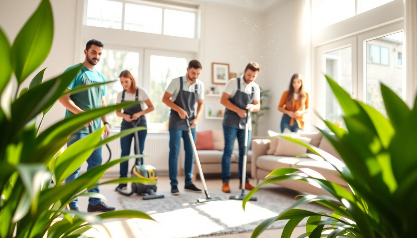 Cleaning service team diligently cleaning a bright living room with vibrant decor.