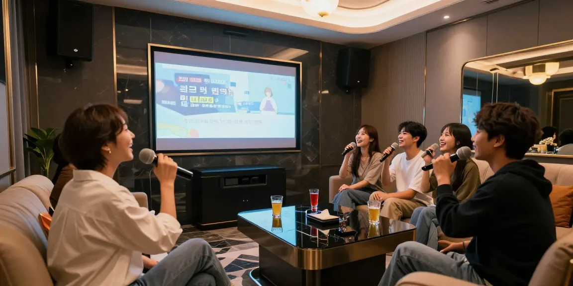 강남가라오케의 고급스러운 프라이빗 룸에서 친구들이 노래하며 즐거운 시간을 보내는 모습