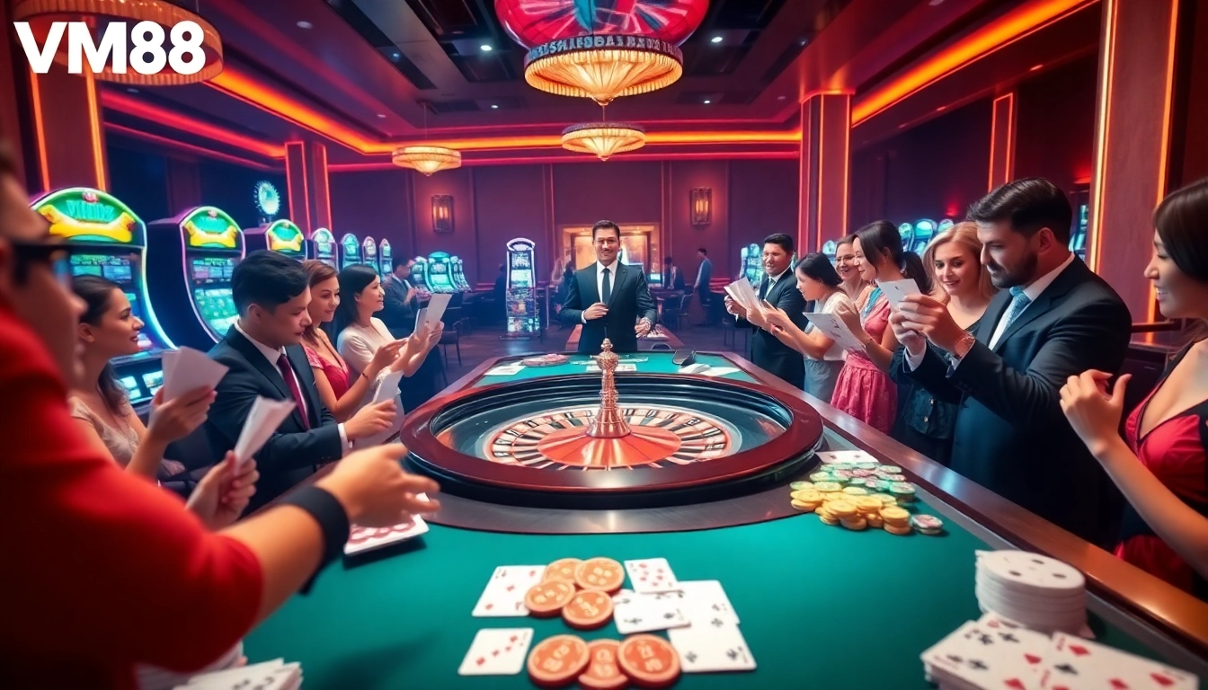 VM88 players engaged in thrilling roulette action at a luxurious casino table.