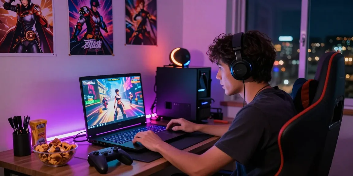 Engaged player enjoying an immersive hentai game experience on a gaming laptop with vibrant visuals and a cozy setup.