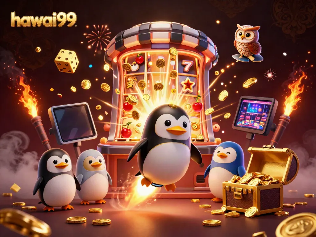 Experience the thrill of hawai99 with a golden penguin and casino-themed explosion in space.