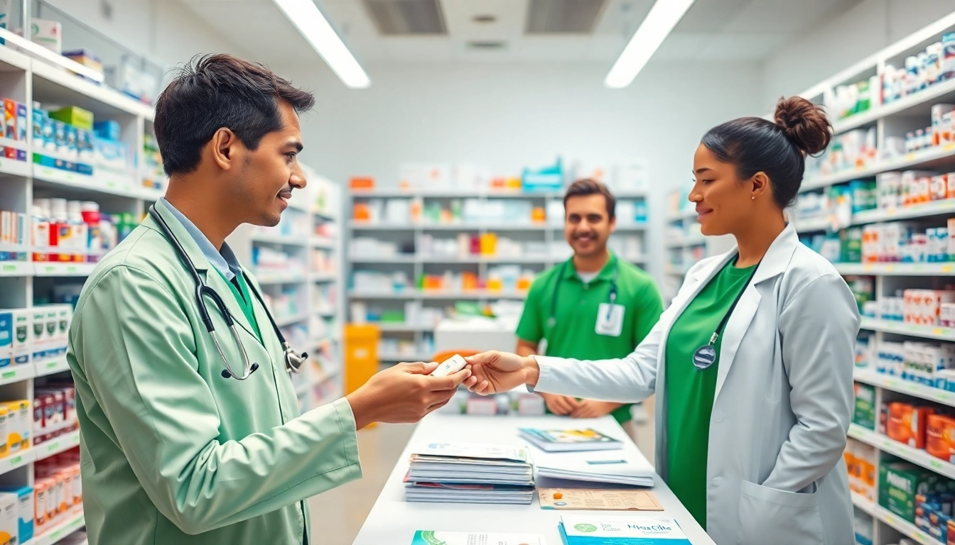 MediClick Pharmacy staff providing personalized assistance in a welcoming pharmacy environment.